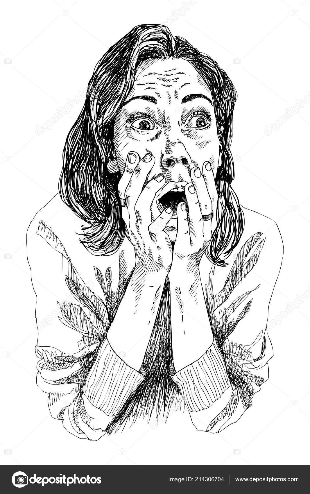 A Girl in shocked emotion. Woman holds a hand near her mouth. The girl is  scared. High detailed hand drawing vector illustration. Stock Vector by  ©ledepict.gmail.com 214306704